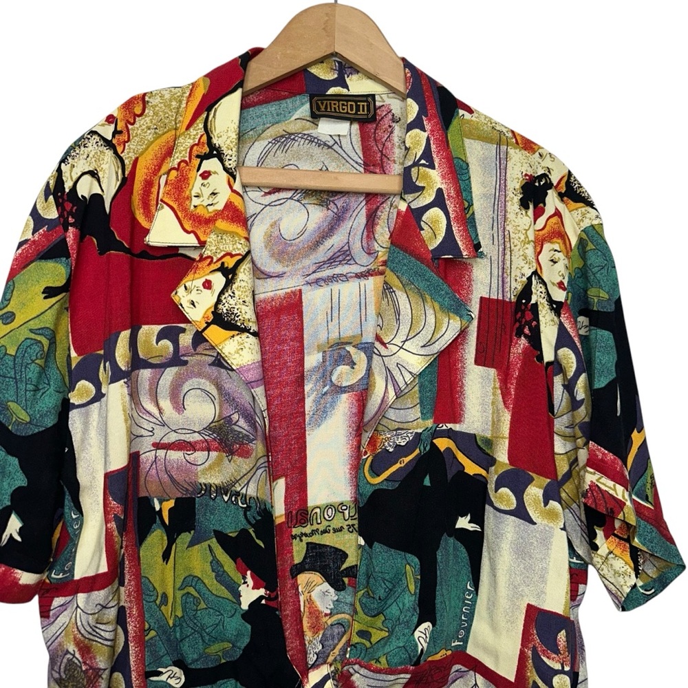 VINTAGE 90s Virgo II Multicolor Artwork Faces Collar Crop Tied Hem Top - Picture 4 of 9